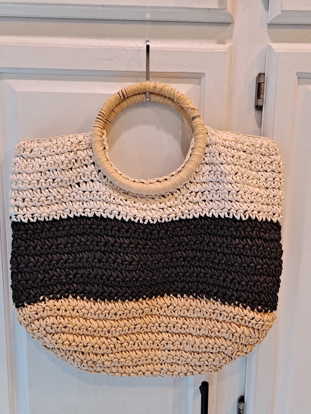 Talbots White Black Cream Striped Woven Paper Straw Circle-Handle Large Tote